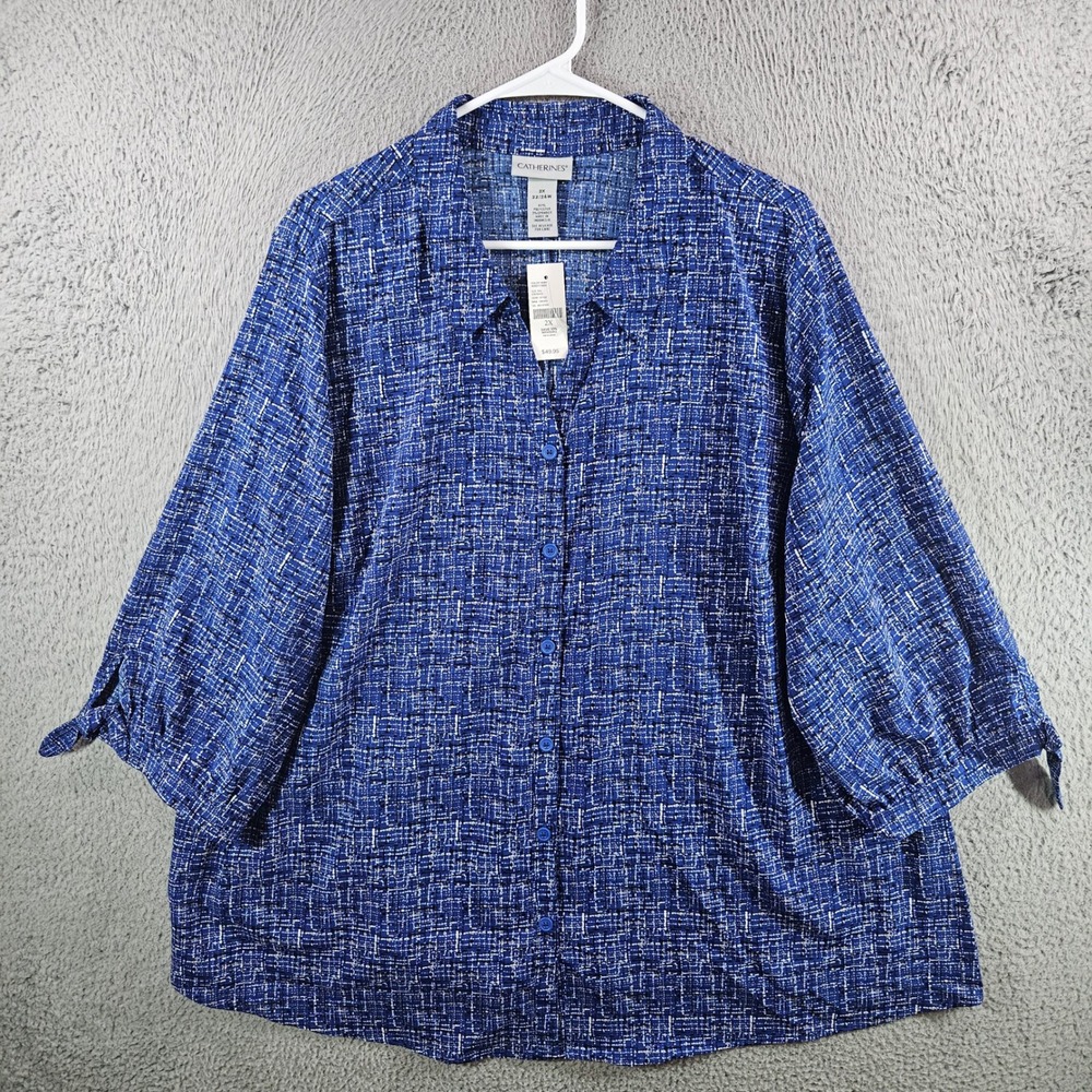 NEW Catherines 2X 22/24W Blue White Crosshatch Print 3/4 Sleeve Tie Cuff‎ Blouse